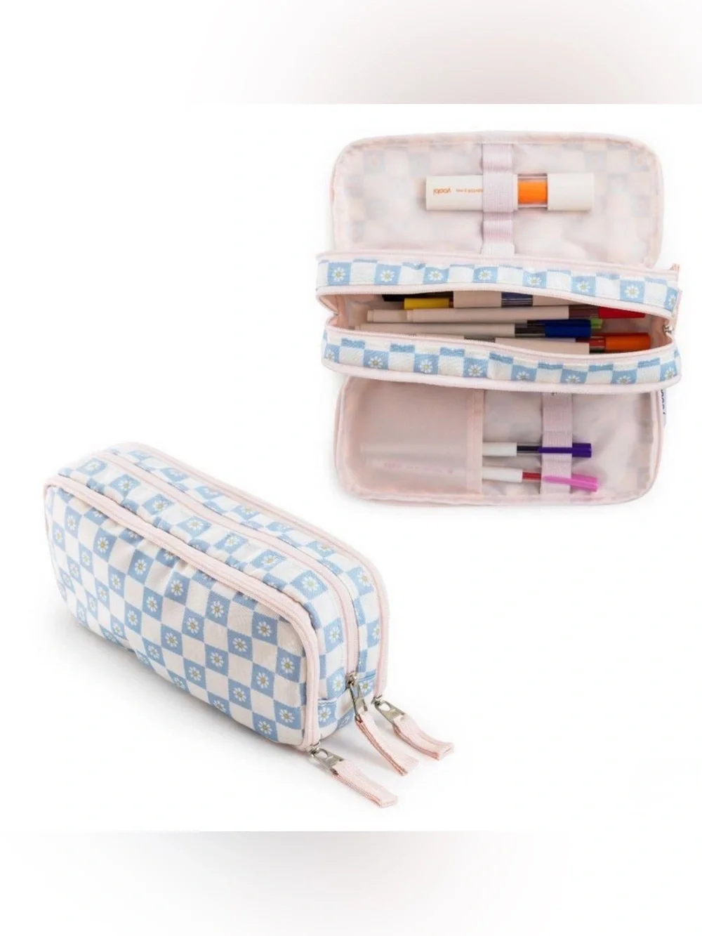 Yoobi Triple Zip Pouch - Pale Blue Daisy Checker